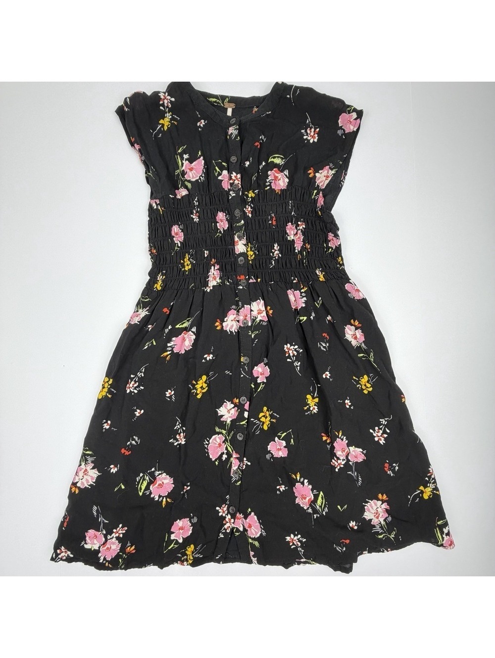 Free People Greatest Day Dress XS Black Floral Smocked Button Front Cottagecore - Picture 2 of 8